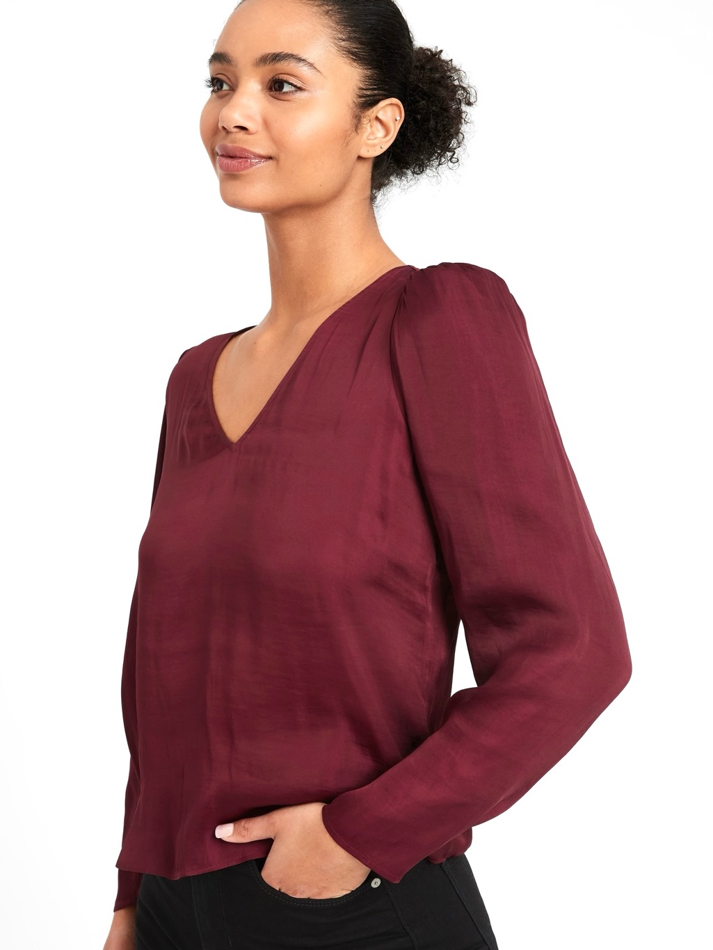 Nwt Banana Republic Soft Satin Puff Long Sleeve Blouse Washable Chic Red Brick L